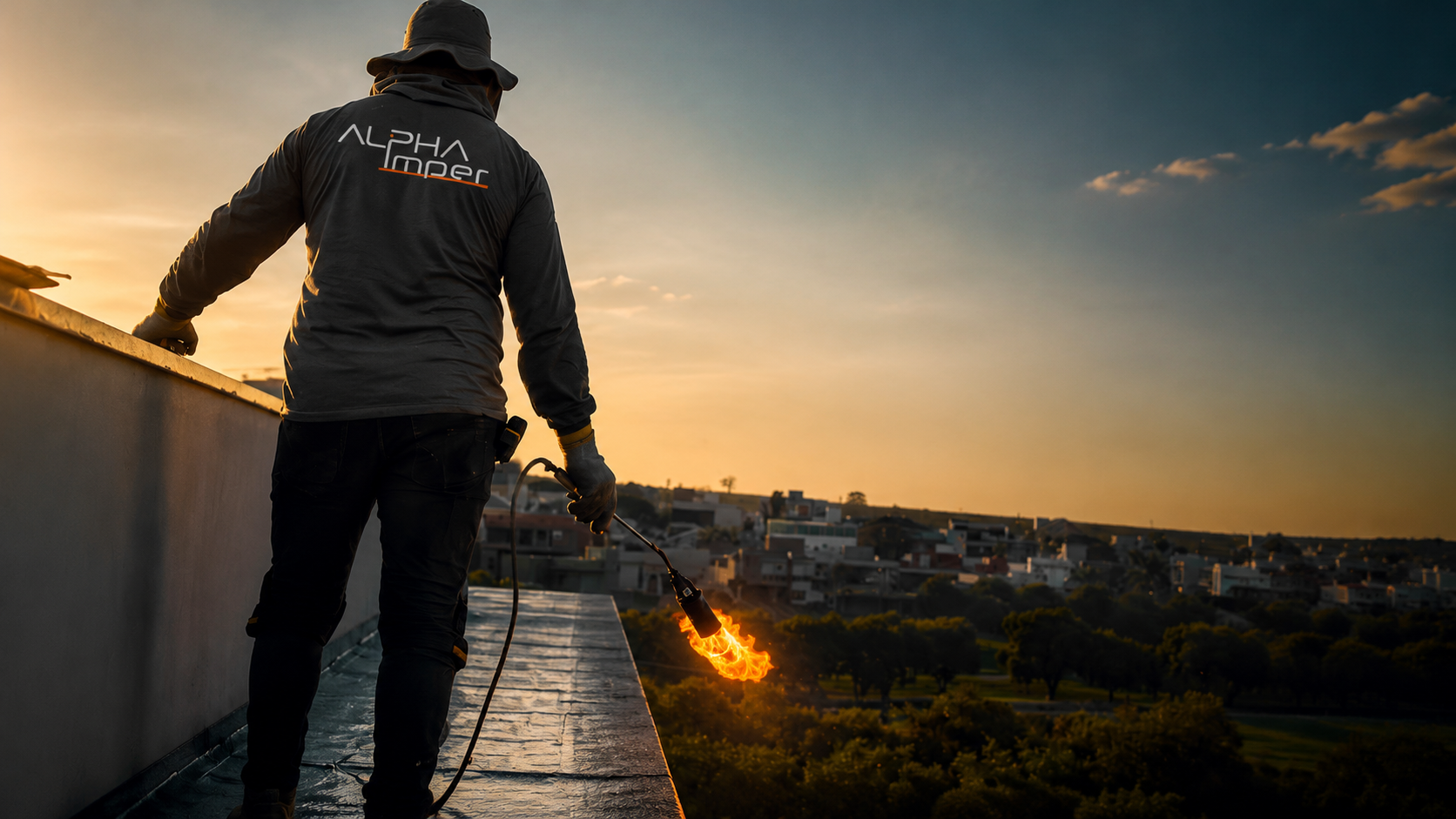 Profissional da Alpha aplicando manta asfáltica com maçarico ao pôr do sol